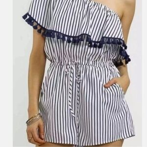 Striped One-Shoulder Romper with Tassels